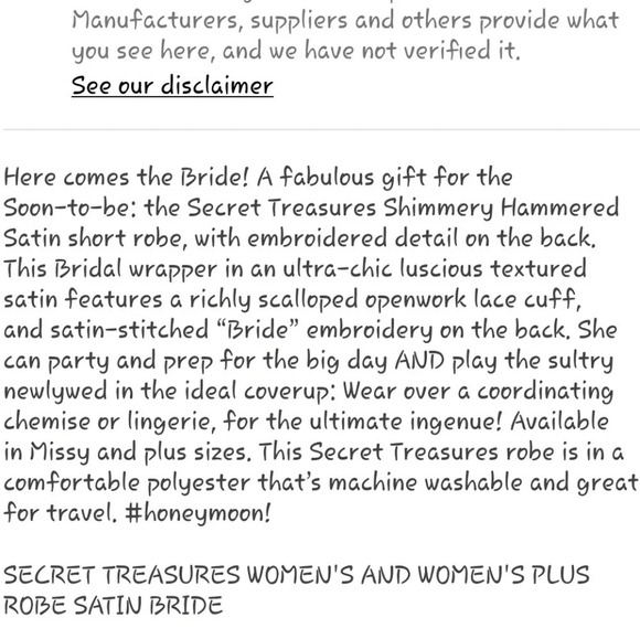 Secret Treasures Wedding Bride Satin Robe S 4-6 - Picture 7 of 7